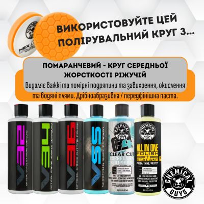 ПОЛІРУВАЛЬНИЙ КРУГ СЕРЕДНЬОЇ ЖОРСТКОСТІ РІЖУЧІЙ ПОМАРАНЧЕВИЙ ORANGE HEX-LOGIC MEDIUM-HEAVY CUTTING P